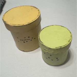 2 Vintage Painted Cardboard Mini nesting Pantry Boxes Vanity spice jars lids